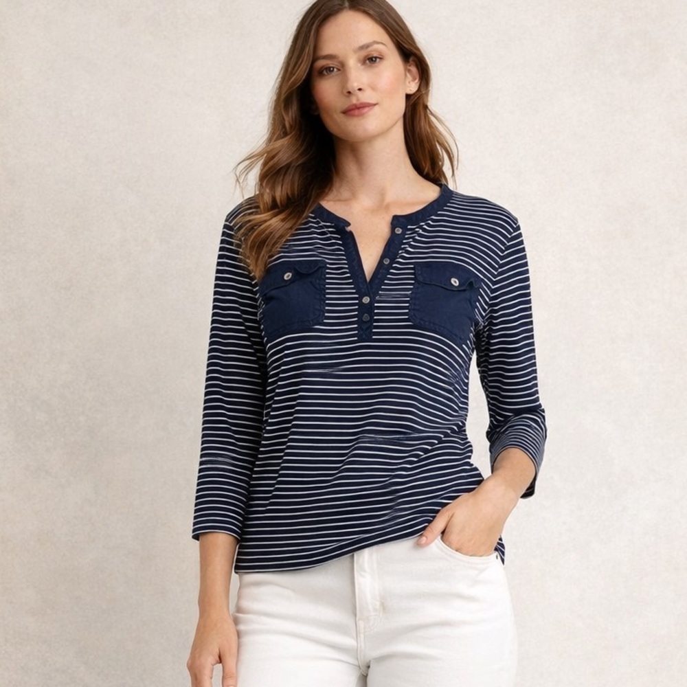 Lauren Ralph Lauren Striped 3/4 Sleeve Top L Navy Sailorcore Nautical Preppy